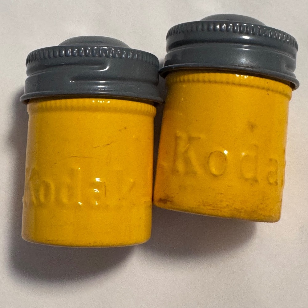 Vintage‎ Kodak Embossed Yellow 35mm Film Canister Containers Gray Lids Set of 2